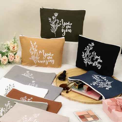 Coume 10 Pcs Boho Flower Canvas Makeup Bags Bulk Aesthetic Inspirational Quotes Cosmetic Zipper Personalized Encouragement Travel Pouch Toiletry Bag Women Teacher Friend Birthday Gifts