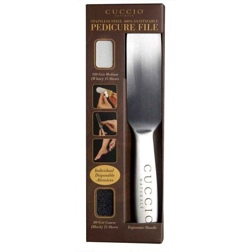 Cuccio Pro Stainless Steel Pedicure File – Includes 15 Coarse Grit and 15 Medium Grit Disposable Refill Sheets – Durable Ergonomic Foot File for Smooth, Callus-Free Feet – Salon & Home Use