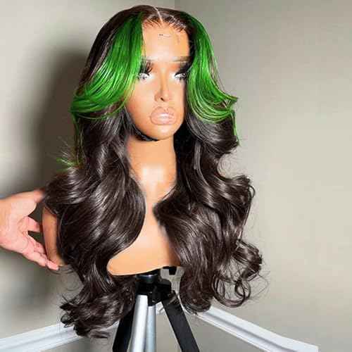 JYZ Skunk Stripe Human Hair Lace Front Wigs Green Highlights Wig Wavy 13X4 HD Lace Front Wigs Human Hair 200% Density Pre Plucked with Baby Hair 22inch Middle Part