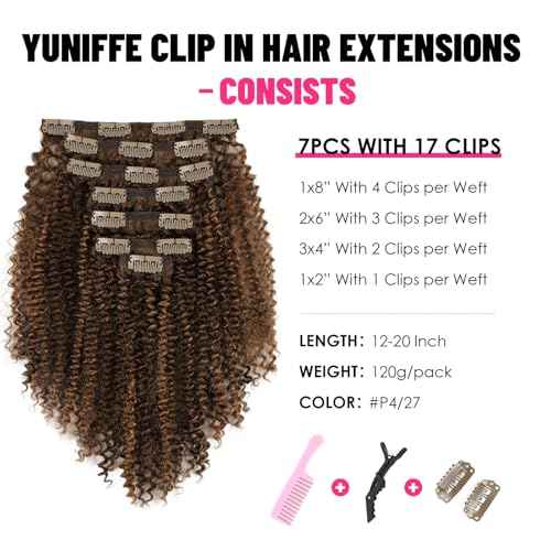 Kinky Curly Clip in Hair Extensions 120g Double Weft Curly Hair Extensions #P4/27 Dark Brown Highlight Blonde Kinky Curly Clip ins Remy Human Hair Clip in Extensions 7Pcs 18 Inch