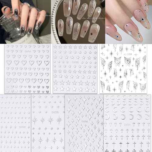 NOOEPC 7 Sheets Metallic Mirror Silver Nail Stickers Art Women 3D Star Nail Stickers Decals for Self-Adhesive CharmsY2k Butterfly Nail Art Stickers