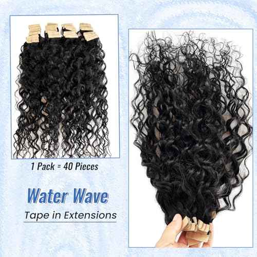 24 Inch Invisible Tape in Hair Extension Real Human Hair Curly Tape in Extensions 100G 40PCS Double Sided Bouncy Curly Water Wave Tape ins Human Hair Extension Black #1B Natural Color