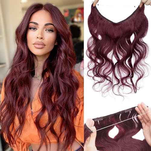 Benehair Invisible Wire Hair Extensions Real Human Hair Red for Women Hairpieces with Invisible Secret Wire Adjustable Wire Replacement Wine Red Hair Extension 20inch for Thinning Hair #99J