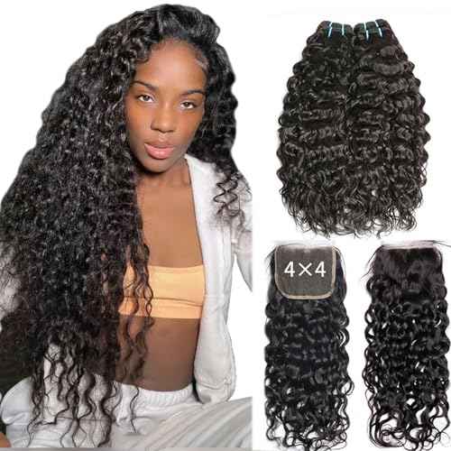 Wet and Wavy Bundles Human Hair with Closure 20 22 24+20inch Water Wave 3 Bundles and Lace Closure 10A Brazilian Curly Sew in Quick Weave Human Hair Extensions Free Part Natural Color
