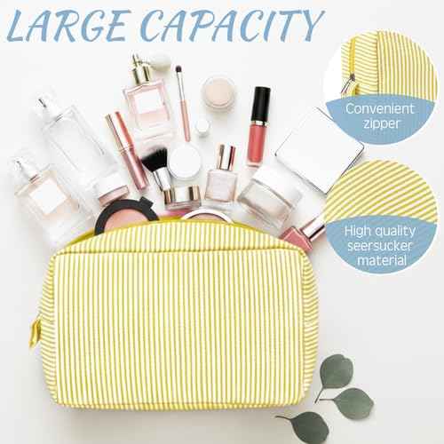 Sanwuta 3 Pcs Seersucker Cosmetic Bag Seersucker Makeup Bag Women Stripe Large Travel Toiletry Organizer Preppy Storage Pouch for Embroidery Christmas Bridesmaid Gifts(Yellow, Green, Lake Blue)