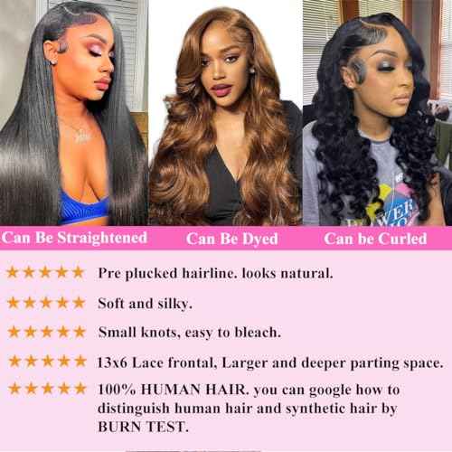 SWEETGIRL Human Hair Body Wave Wig 13x6 HD Lace Front Wig, Pre Plucked, Natural Black, 26 Inch, 180 Density