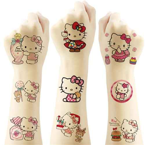 40Sheets Cartoon Hello Kitty Temporary Tattoos Birthday Themed Party Supplies Decoration Favors Cartoon Cute Kitty Sticker for Kids Boys Home Activity Class Prizes Carnival Christmas Rewards (Hell40)
