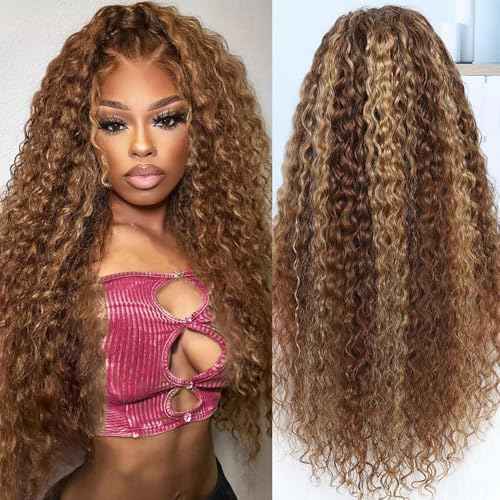 Honey Blonde Ombre Highlight 13x6 Full Lace Frontal Wigs Human Hair 200 Density Water Wave 13x6 HD Transparent Lace Front Wigs Pre Plucked #4/27 Colored Human Hair Wig for Women 24 Inch