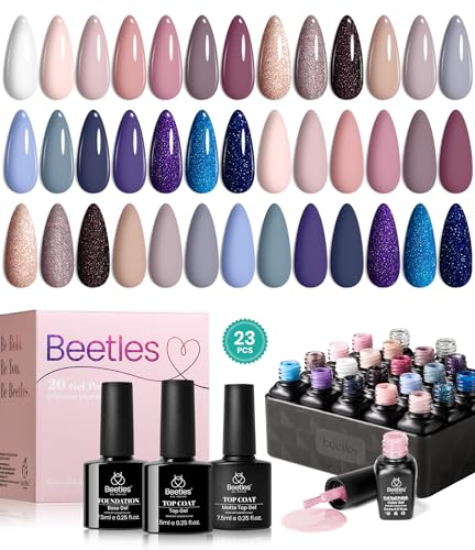 Beetles 23Pcs Gel Nail Polish Kit with Glossy Matte Top Coat and Base Coat Girls Night Collection White Nude Gray Glitters Gel Nail Polish Set U V Soak Off Holiday Manicure for Women Girls