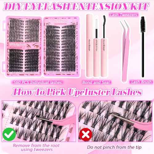 Lash Clusters Kit, 560 Pcs Eyelashes Clusters Kit 9-16mm Individual Natural Lash Extension Kit D Curl Fluffy Wispy False Eyelashes (40D+60D+80D New, With Bond & Seal Tweezers Brush)