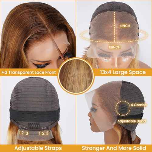 4/27 Highlight HD Lace Front Wigs Human Hair Pre Plucked 13x4 Body Wave Frontal Wig with Baby Hair 180% Density Ombre Brown and Honey Blonde Human Hair Wigs for Black Women 22 Inch