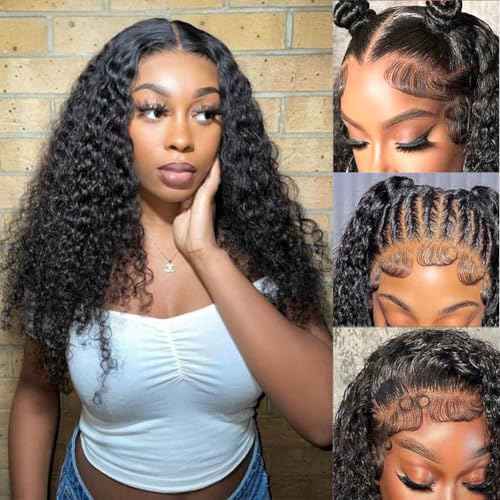 13x4 Deep Wave Lace Front Wigs Human Hair 200% Density Black Curly Human Hair Wig Long Natural Wigs for Black Women Transparent Lace Frontal Wig for Daily Wear 22 Inch