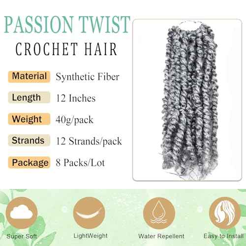 12 Inch Passion Twist Crochet Hair for Black Women 8 Packs Pre-twisted Passion Twists Pre-looped Crochet Braids Hair Bohemian Twists Synthetic Braiding Hair Extensions (12Strands/Pack,TGrey#)