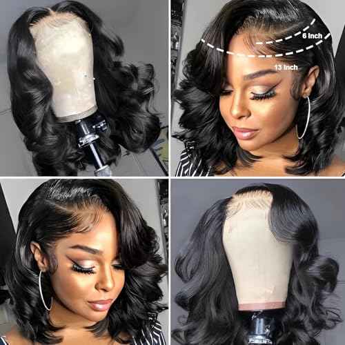 13X6 16inch 230%Density Natural Black Bob Wig Human Hair, Body Wave Wig Human Hair, Short Bob Lace Front Wigs Human Hair, Bob Wigs For Black Women, Pre Plucked With Baby Hair HD Transparent Lace