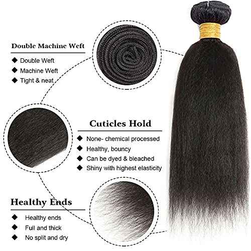 Human Hair Bundles Yaki Straight Bundles 22 24 26 Inch #1B Natural Color Kinky Straight Human Hair Extensions Double Weft Unprocessed Brazilian Virgin Hair 3 Bundle 50 Grams Per Bundle