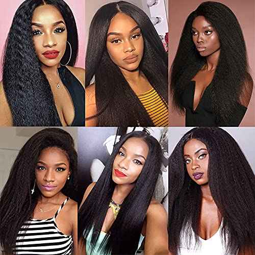 Human Hair Bundles Yaki Straight Bundles 22 24 26 Inch #1B Natural Color Kinky Straight Human Hair Extensions Double Weft Unprocessed Brazilian Virgin Hair 3 Bundle 50 Grams Per Bundle
