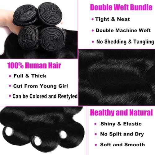 Body Wave Bundles Human Hair 18 20 22 24 Inch Human Hair Bundles 100% Unprocessed Brazilian Virgin Hair Quick Weave Deals Human Hair Extensions for Women Natural Black Color