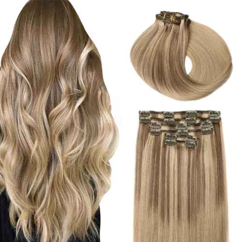 SURNEL Clip in Extensions Human Hair Balayage Golden Brown to Caramel Blonde Clip in Hair Extensions 14 Inch 6pcs 100g(#10/27/27,14'')