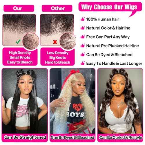 Deep Wave Lace Front Wigs - 13x6 HD Transparent Lace Frontal Wig for Black Women - 100% Real Curly Human Hair - Pre Plucked with Baby Hair - 180% Density (Black, 24 inch)