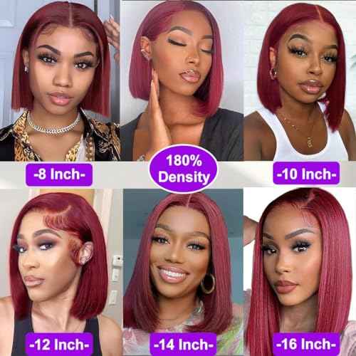 99j Burgundy Bob Wig Human Hair Wigs 13x4 Lace Front Wigs For Black Women Straight Burgundy Human Hair Pre Plucked 180% Density Transpaent Hd Lace Frontal Wigs Human Hair 99j Short Bob 10 Inch