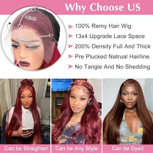 32 Inch 99J Burgundy Lace Front Wig Human Hair 200 Density 13x4 HD Transparent Lace Body Wave Pre Plucked Wine Red Colored Glueless Wig for Women