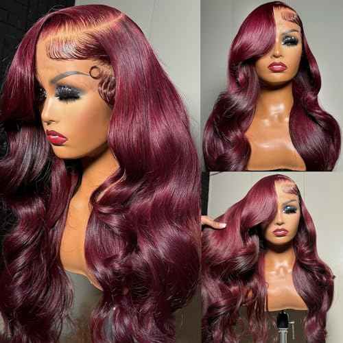 99j Burgundy Lace Front Wigs Human Hair Pre Plucked 13x6 Lace Frontal Human Hair Wigs for Black Women Body Wave Glueless Human Hair Wig 180% Density Pre Plucked Bleached Knots with Baby Hair £¨26 Inch£©