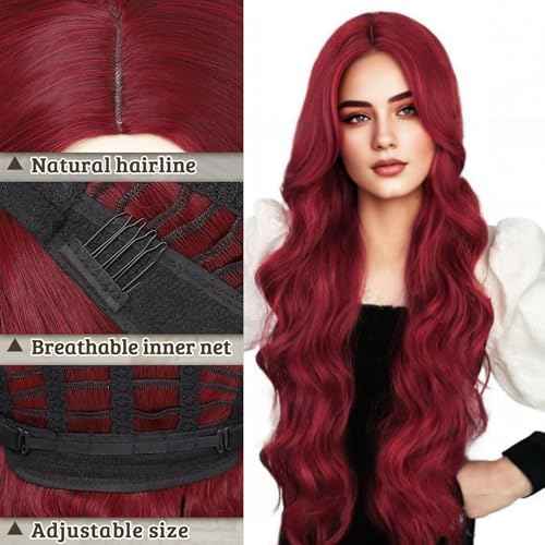 30 Inch Burgundy Wigs for Women Wine Red Wig 99J Long Wavy Wig Natural Looking Middle Part Synthetic Heat Resistant Wigs for Cosplay Halloween Christmas Gifts Party Daily Use