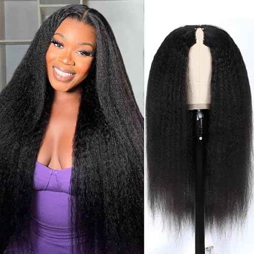 V Part Wig Human Hair Kinky Straight Wig Human Hair For Women Glueless Yaki Straight Half Wigs For Black Women Full Head Clips In No Leave Out Natural Color 150% Density 22 Inch