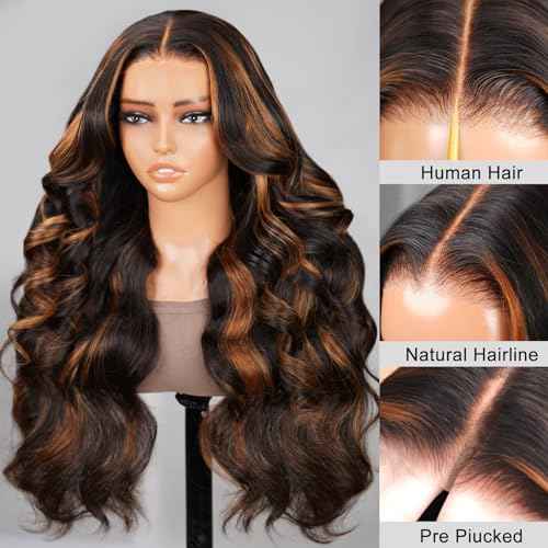 Arabella Highlight Ombre Lace Front Wig Human Hair 13x4 HD Transparent 1B/30 Honey Blonde Lace Front Wigs Human Hair Pre Plucked Colored Wigs 210% Density Body Wave Lace Front Wig 18inch