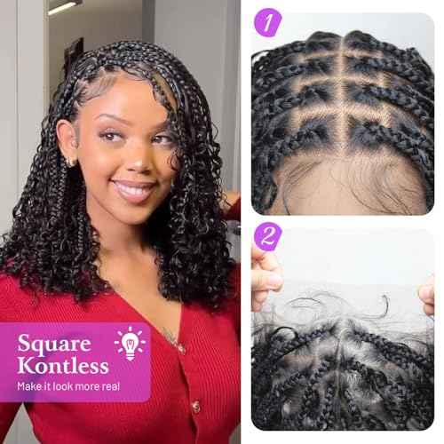 12 Inch Full Lace Front Short Boho Braided Wigs for Black Women Knotless Bob Box Braided Wig With Baby Hair Synthetic Braided Wigs Natural Black