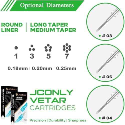 VETAR TATTOO CARTRIDGE NEEDLES - 20Pcs Tattoo Needles #10 Bugpin 3 Round Liner Tattoo Cartridges 1003RLL Tattoo Needles Diameter 0.30mm Long Taper 5.5mm Cartridges