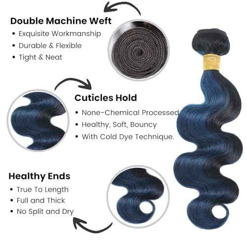 ALHER Black Mix Midnight Blue Bundle with 4x4 Closure Human Hair Body Wave, Balayage 100% Virgin Remy Hair 3 Bundles with 4x4 Lace Closure (#1B/Blue,12 14 16+12 Inch)