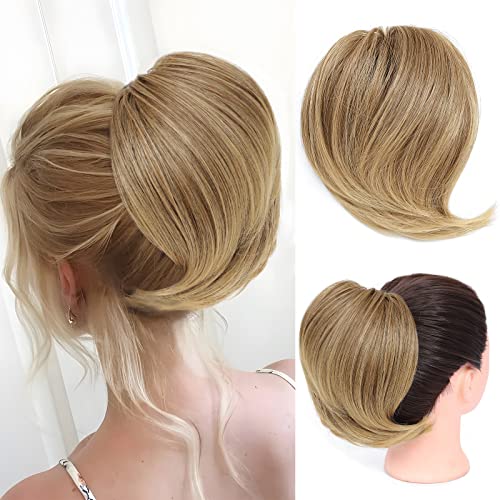 HSLHDI Messy Hair Bun Hair Piece for Women Short Bun Tousled Synthetic Elastic Scrunchies Hairpiece for Women Girls……… (12/24#-Light Brown mix Natural Blonde, 1-5pcs)