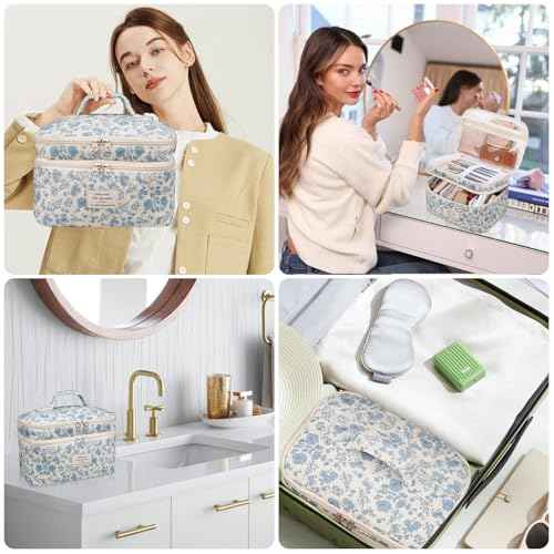 Makeup bag, Large Cosmetic Bag for Women Girls, Cute Quilted Makeup Bags, Floral Coquette Aesthetic Toiletry Bag, Travel Make Up Organizer Bag (Blue Flowers)
