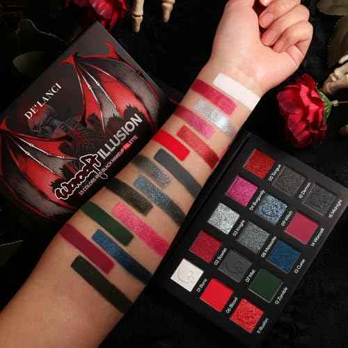 Red black Eyeshadow Palette, Goth Red Eye Shadow Halloween Makeup | Black Sliver Shimmer Glitter Eyeshadow Pallet, Burgundy Smokey Mattlic Cream Matte Eyesahdow for SFX Clown Vampire Christmas Looks