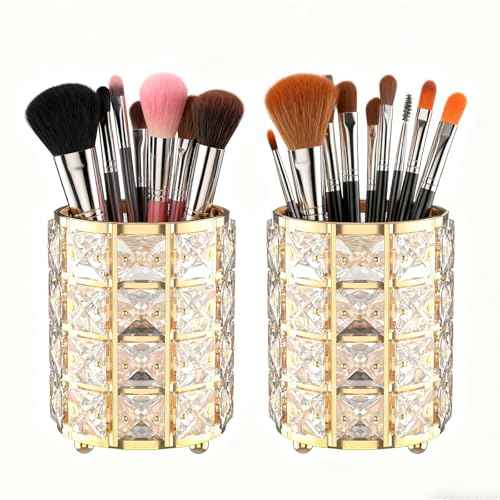 LUGUNU Makeup Brush Holder with Golden Crystal Bling ? Elegant Vanity Organizer for Brushes, Pens & Pencils, Ideal for Bathroom or Office Countertop(2Pack)