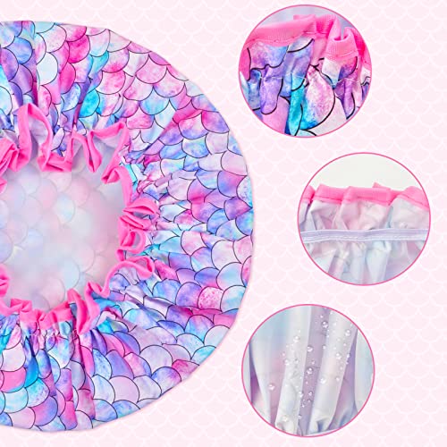 Shower Cap for Kids, 3 Pcs Kids Shower Caps for Girls, Cute Rainbow Hair Cap Wide Elastic Band, Plastic Reusable Waterproof Toddler Shower Cap, Large Bath Cap for Kids Girls Women (Mermaid)