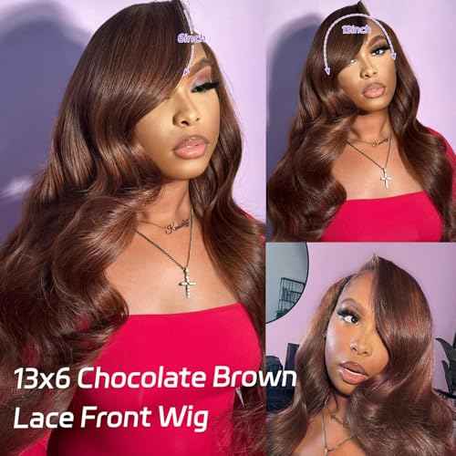 250 Density Body Wave Chocolate Brown Wig, 13x6 Lace Front Wigs Human Hair Pre Plucked, 100% Real Human Hair 4# Brown Wig for Women 20 Inch