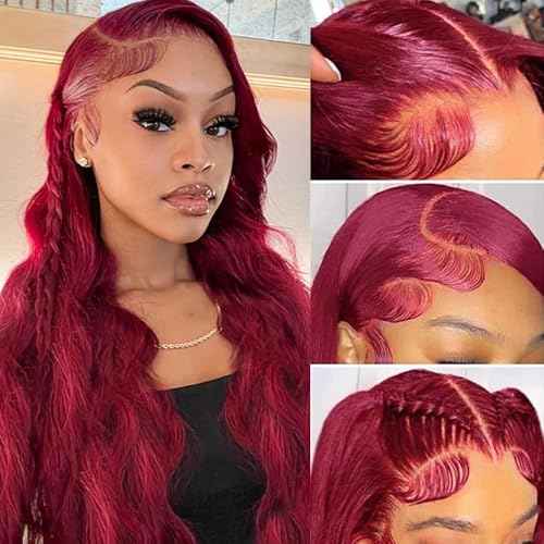 Sheeep 99j Burgundy Lace Front Wigs Human Hair Pre Plucked with Baby Hair 200% Density 13X4 Red Body Wave Human Hair Wigs for Women Natural Hair Wig 26 Inch