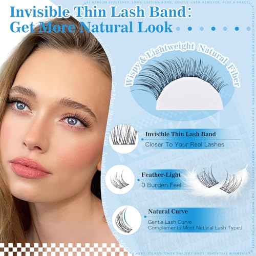 KEVKEV Wispy Lash Clusters Ultra-Thin Band Natural Eyelash Clusters 8-16mm Soft Cluster Eyelash Extensions Mix Length Ultra-Light Natural Look Natural Lash Clusters DIY Lash At Home(Wispy03)