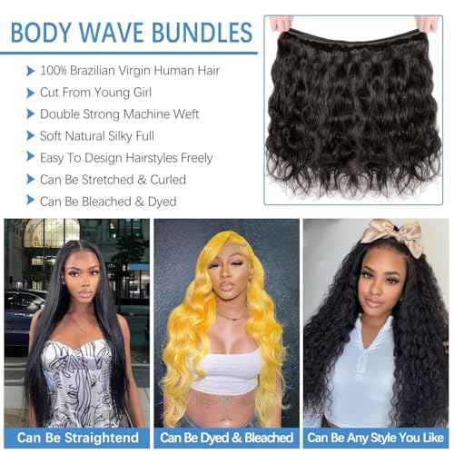 12A Human Hair Bundles 24 26 28 Inch Body Wave Bundles Human Hair 100% Unprocessed Brazilian Virgin Weave 3 Bundle for Women Natural Black Real Body Wavy Human Hair Extensions