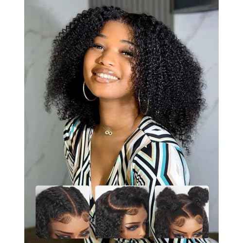 Kinkycurly Wig Human Hair 200 Density HD Lace 9x6 Afro Kinky Curly Ready to Wear Glueless Wigs Human Hair Pre Plucked Pre Cut Deep Parting Closure Wigs Glueless Wig for Black Women 16 Inch