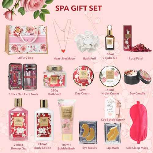 35 Pcs Bath and Body Gifts Basket Set - Rose Spa Gifts Set Skin Care Set for Women, Gift Baskets Set for Mothers Day Mom for Christmas, Birthday, Valentines Day All Occasion Present