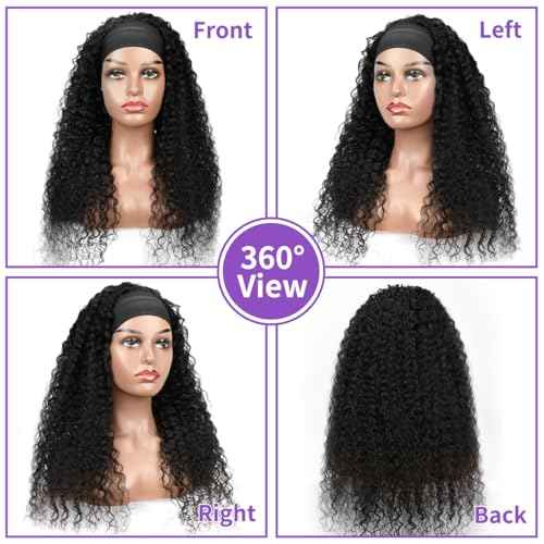 Curly Headband Wig Human Hair 24 Inch Glueless None Lace Front Deep Curly Wig Wear and Go Wigs for Black Women Machine Made Headband Half Wigs 180% Density Natural Color