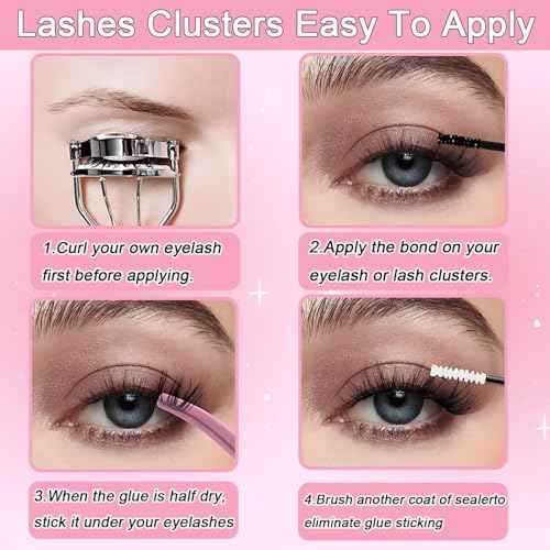 Lash Clusters Kit, Eyelash Clusters Individual Lash Extension Kit 480 Pcs D Curl Fluffy Wispy False Eyelashes Extensions Thin Band with Bond Seal Tweezers Brush Removers (30D+40D KIT 9-16mm)