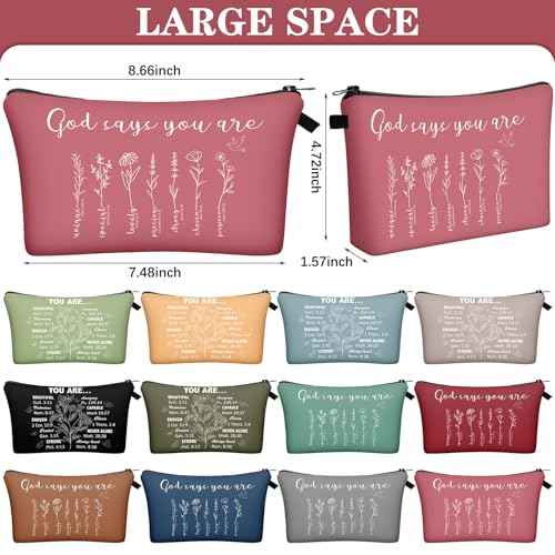 Chunful 12 Pcs Inspirational Christian Gifts Religious Makeup Bags Bulk for Women Bible Verse Flower Cosmetic Bag Thanksgiving Christmas Gift for Church Ladies, 7.48 x 4.72 Inch(Delicate)