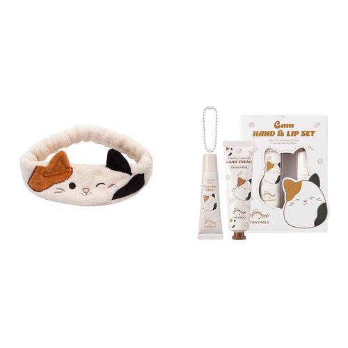 TONYMOLY x Squishmallow Cam the Cat Plush Headband for Skincare, Makeup, Soft & Cozy Hair Accessory for Washing Face, + Squishmallow Cam the Cat 2PC Hand Cream & Lip Gloss Set, Coconut Milk Hand Cream