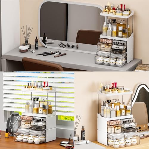 Yieach Acrylic Makeup Organizer Countertop,Large Skincare Organizer for Dresser Top,Plastic Bathroom Counter Organizers and Storage for Beauty,Cosmetic,Hair Products,Lotion and Perfume Organizer,Black