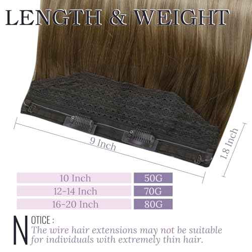 Fshine Wire Hair Extensions 20 Inch Olive Brown to Ash Brown and Blonde Layered Hairpiece with Transparent Fish Line Straight Real Human Hair Clip in Hair Extensions 80 G