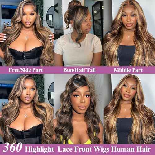 Honey Blonde 360 Lace Front Wigs Human Hair Drawstring Ombre Body Wave Lace Front Wigs Human Hair Pre Plucked 360 HD Full Lace Wig Highlight Glueless Frontal Wigs Human Hair 26 Inch